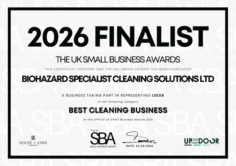 2026 Finalist certificate, The UK Small Business Awards, Best Cleaning Business category, Leeds