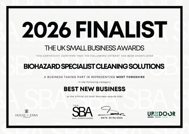 2026 Finalist certificate, The UK Small Business Awards, Best New Business category, West Yorkshire